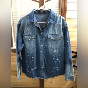 Lucky & Blessed Blue Distressed Denim Top